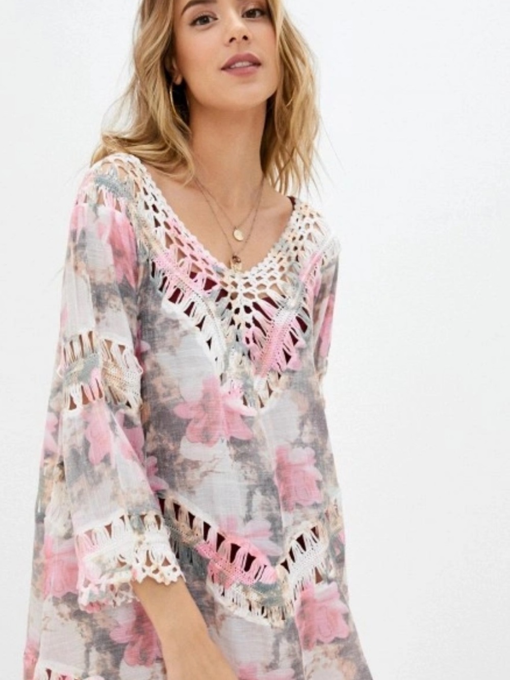 Boho Crochet-Trim Floral Tunic Top in Pink and Cream